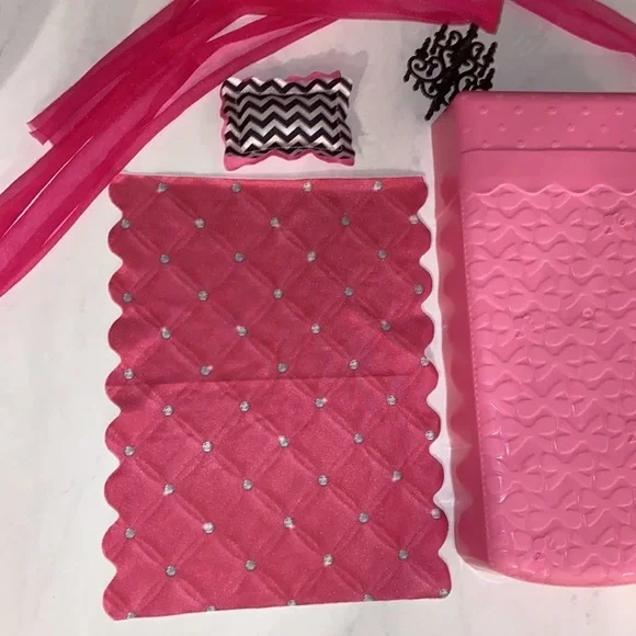 Barbie bed pink silver blanket black white pillow black chandelier pink drapes‌ - Picture 7 of 14